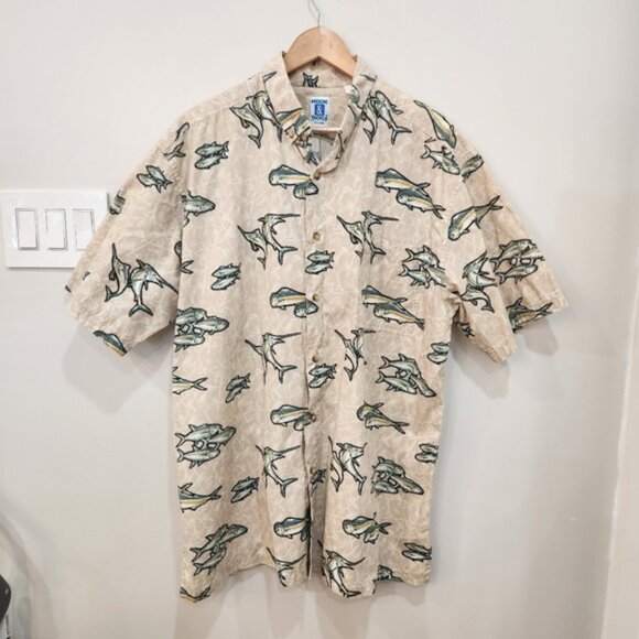 Other - Hook Tackle Hawaiian Shirt Mens XL Cream All Over Fish Print 100% Cotton Beach